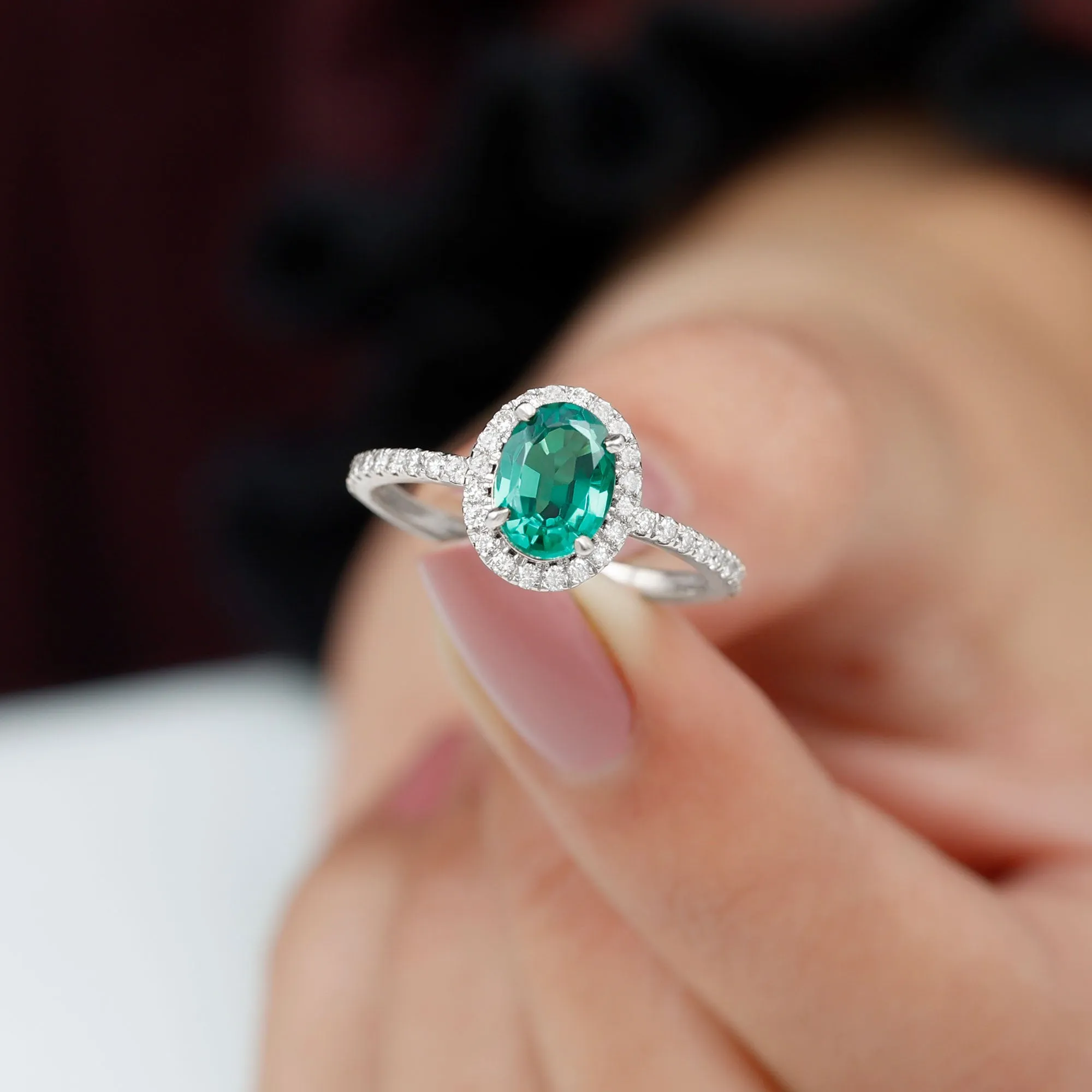 Oval Created Emerald Halo Engagement Ring with Diamond