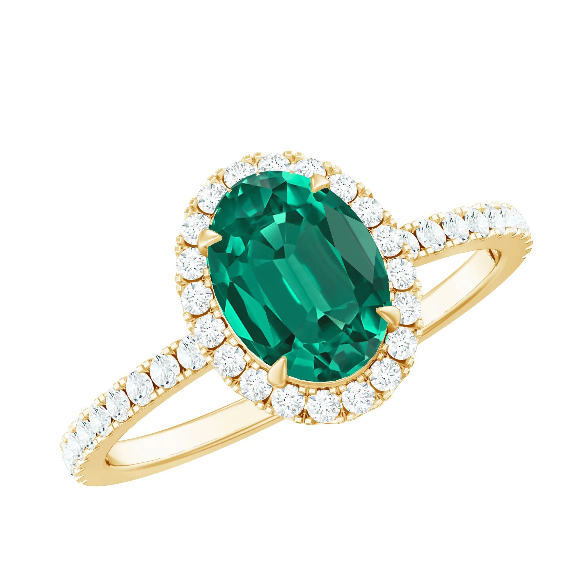 Oval Created Emerald Halo Engagement Ring with Diamond