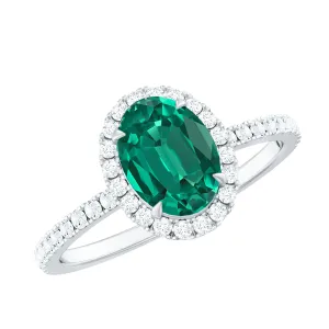 Oval Created Emerald Halo Engagement Ring with Diamond