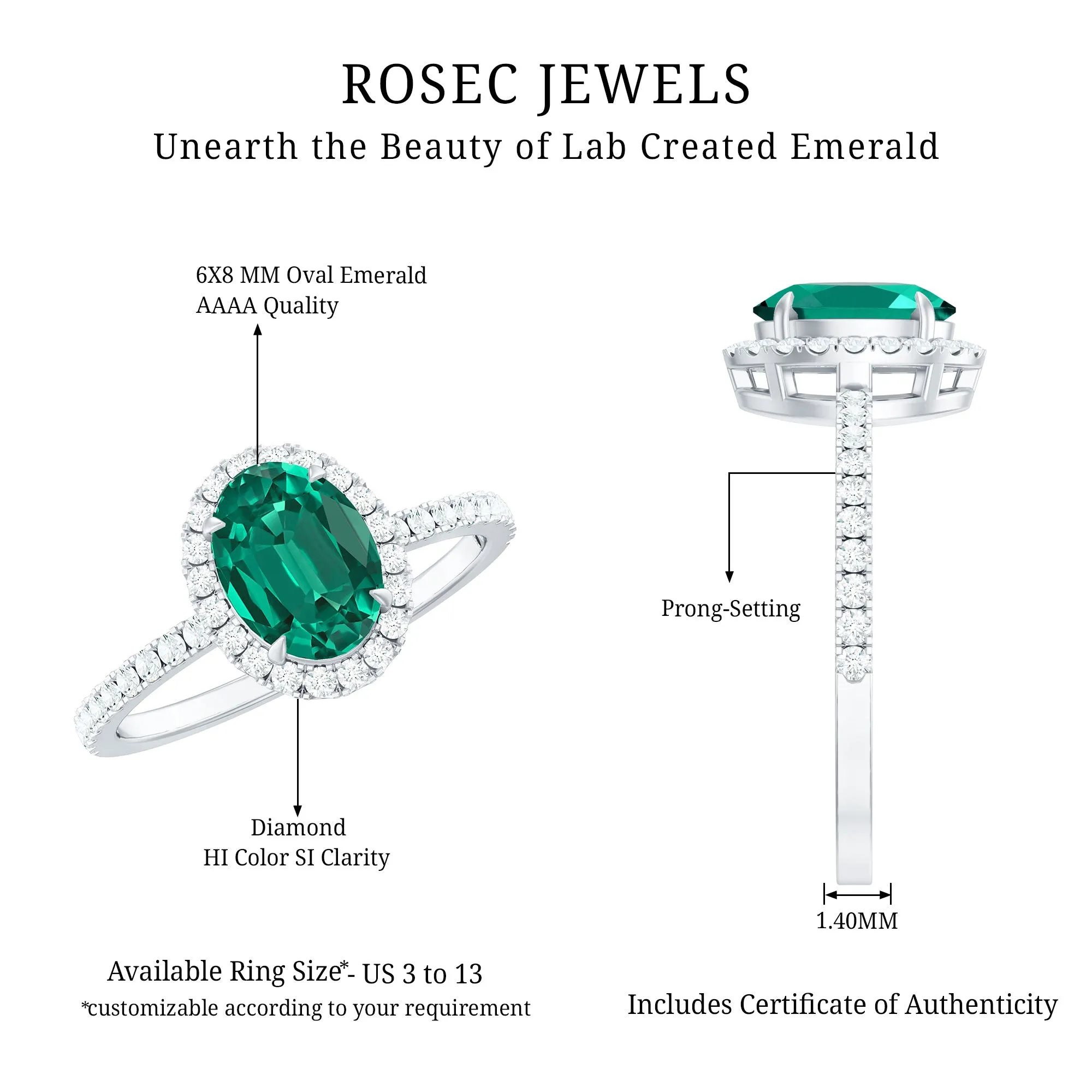 Oval Created Emerald Halo Engagement Ring with Diamond