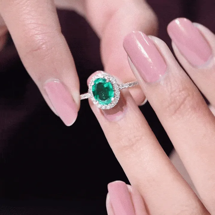 Oval Created Emerald Halo Engagement Ring with Diamond