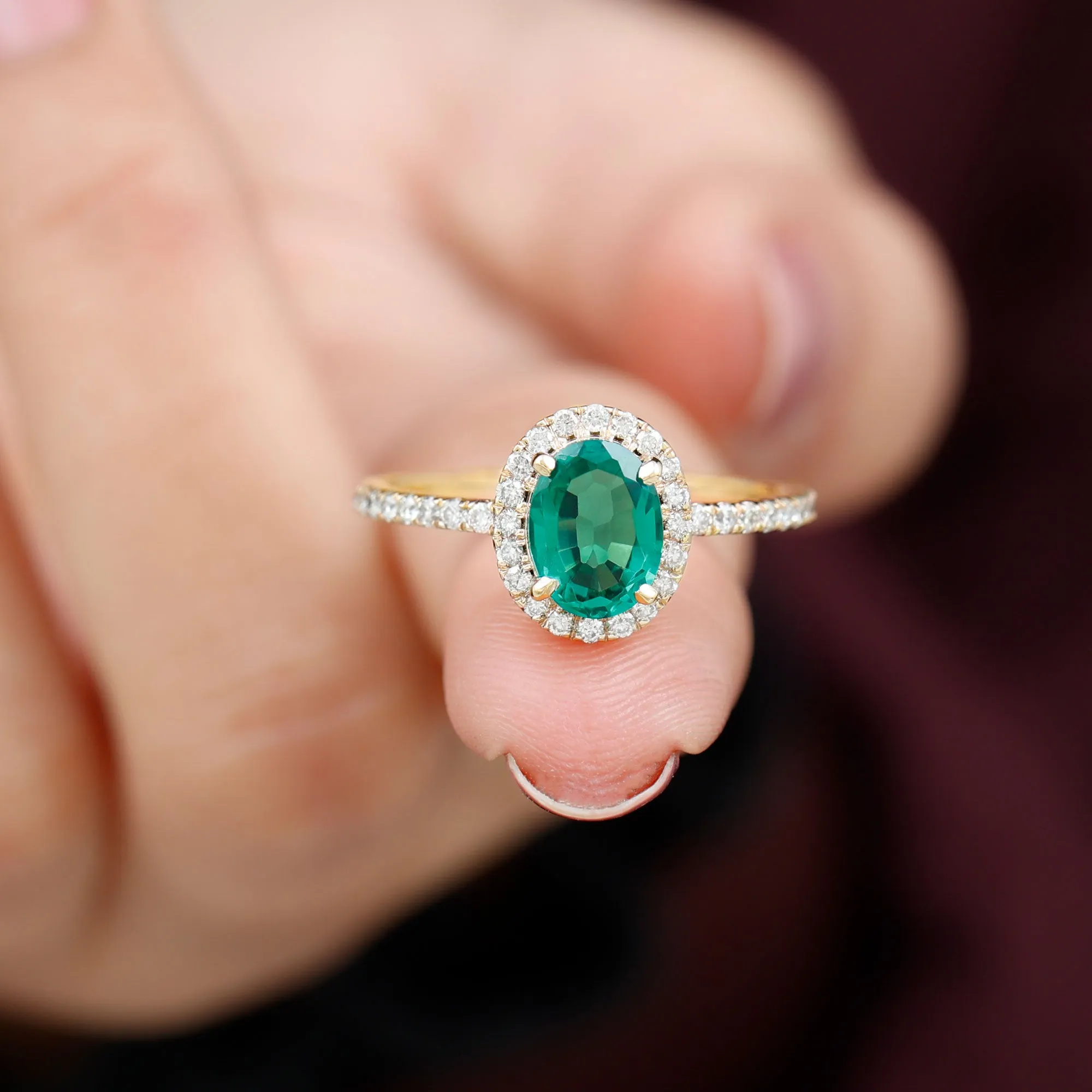 Oval Created Emerald Halo Engagement Ring with Diamond