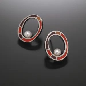 Oval Earrings with Pearl (red)