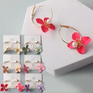 Painted Flower Pearl Bead Hoop Earring 37085 (12 units)