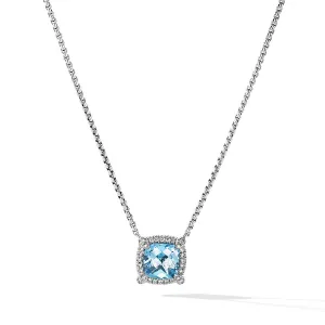 Pave Bezel Pendant Necklace with Blue Topaz and Diamonds