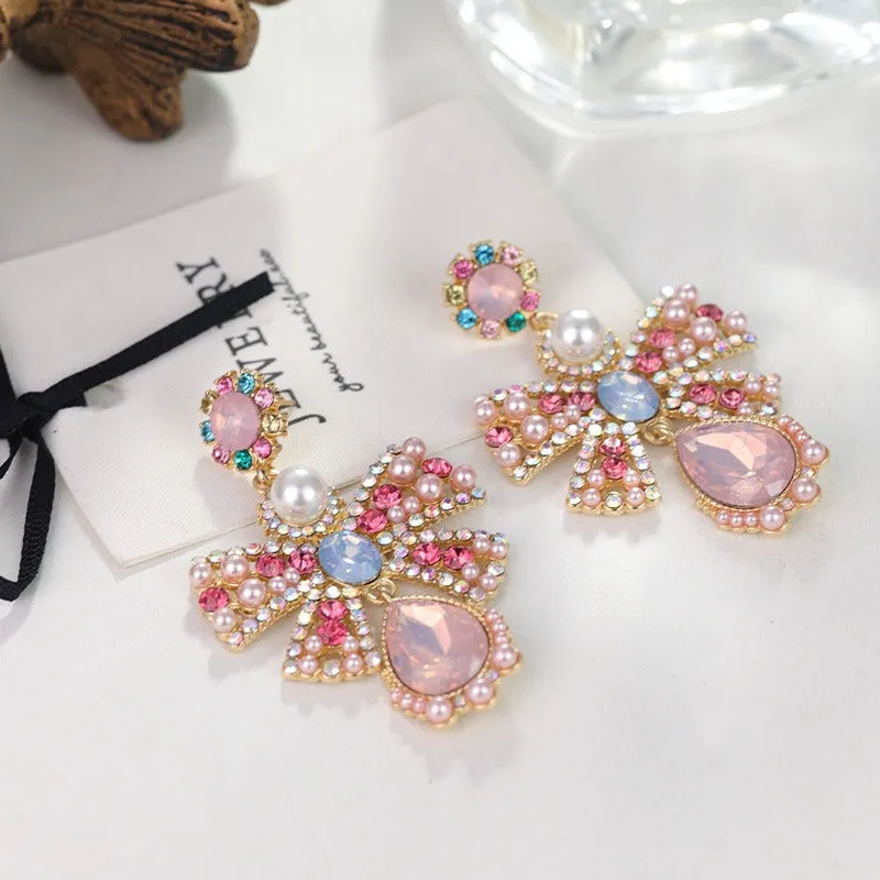 Pre Order:  Pearl Crystal Glass Metal Bow Earrings