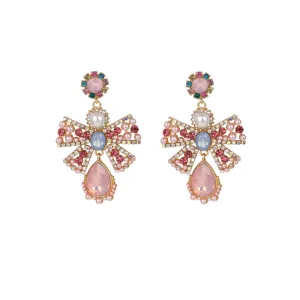 Pre Order:  Pearl Crystal Glass Metal Bow Earrings