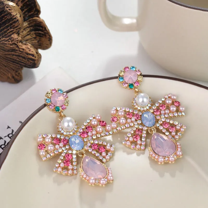 Pre Order:  Pearl Crystal Glass Metal Bow Earrings