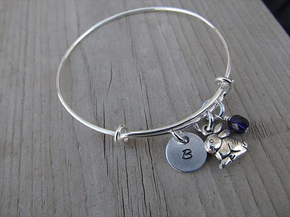 Rabbit Charm Bracelet- Adjustable Bangle Bracelet with an Initial Charm and an Accent Bead of your Choice