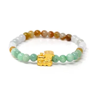 RealJade® "Train Engine" Multi-Colored Genuine High-quality Jade Jadeite Bracelet Bangle with 24k Yellow Gold Train Engine Charm Colorful #423