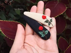 Red Rose Embroidered Hair Barrette