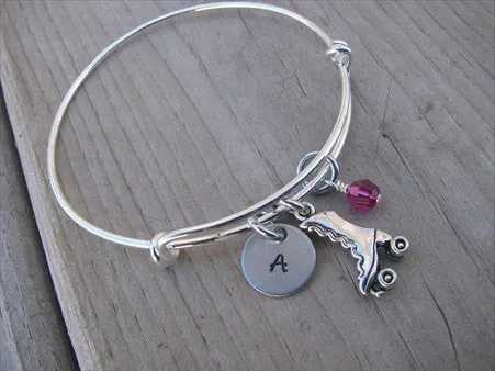 Roller Skate Charm Bracelet- Adjustable Bangle Bracelet with an Initial Charm and an Accent Bead of your choice