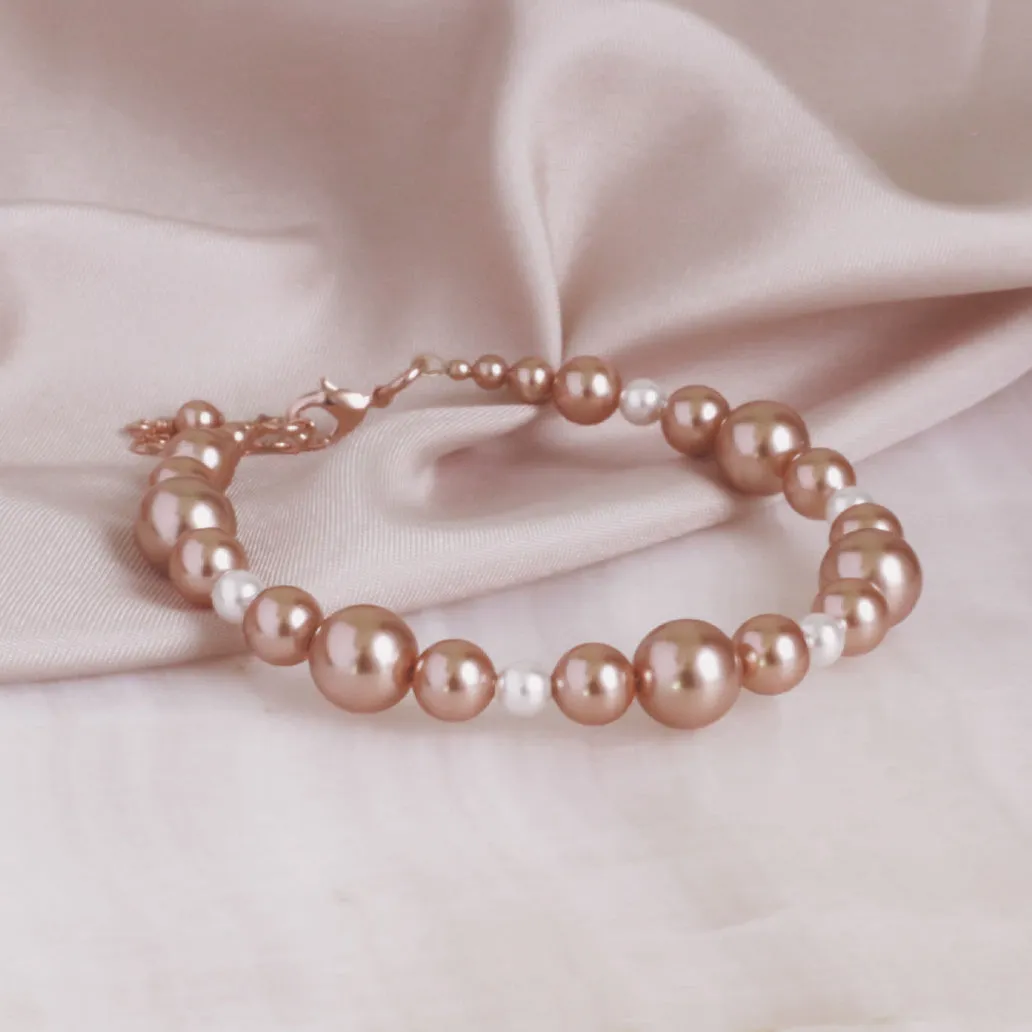 Rose Gold, White Pearl Earring & Pearl Bracelet Set