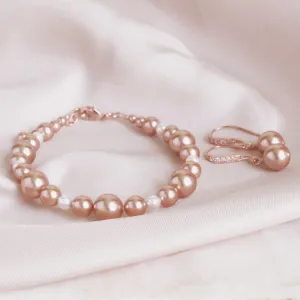 Rose Gold, White Pearl Earring & Pearl Bracelet Set