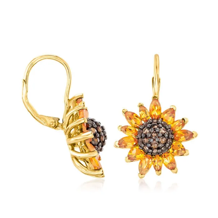 Ross-Simons 3.50 ct. t.w. Citrine and .80 ct. t.w. Smoky Quartz Sunflower Drop Earrings