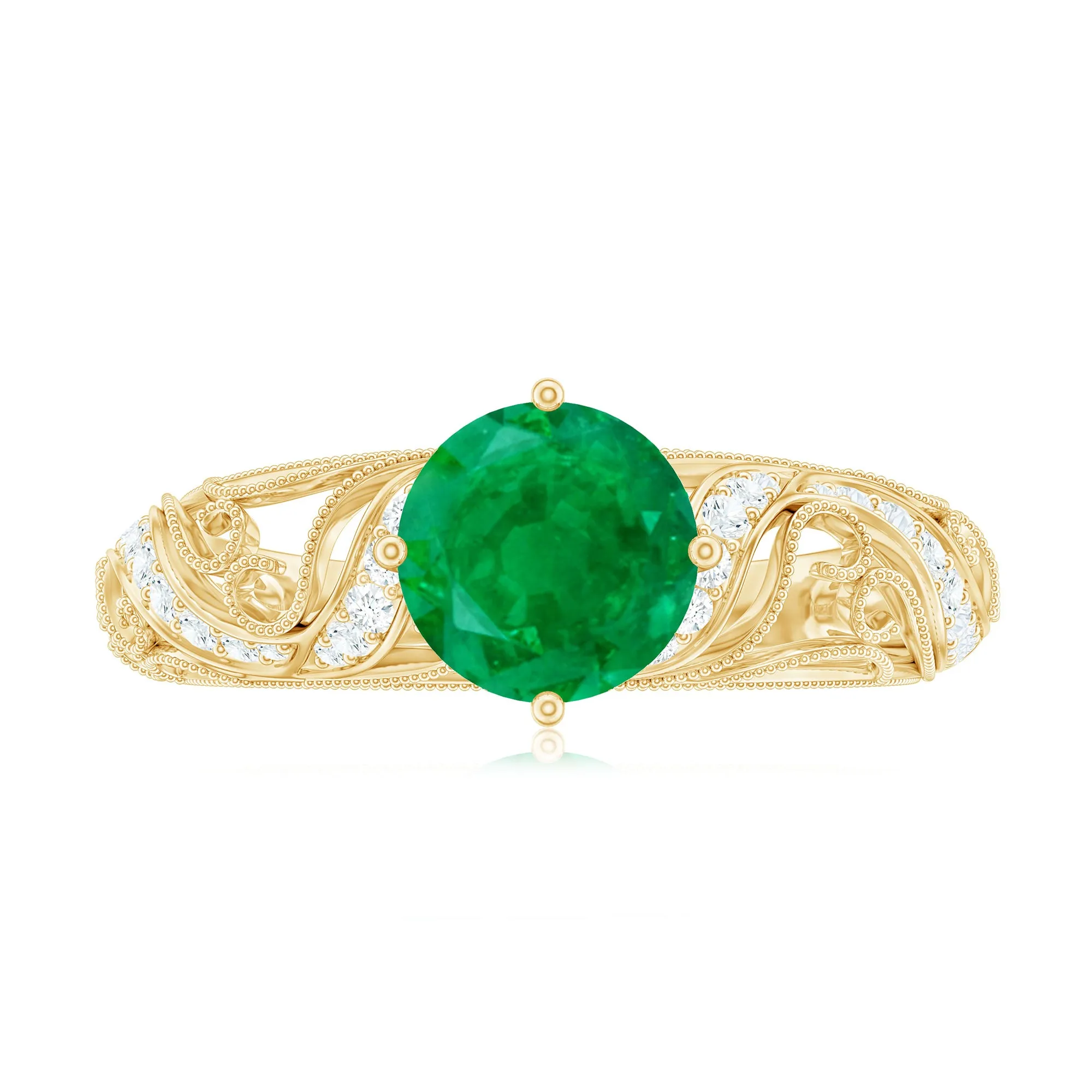 Round Emerald Vintage Inspired Engagement Ring with Diamond