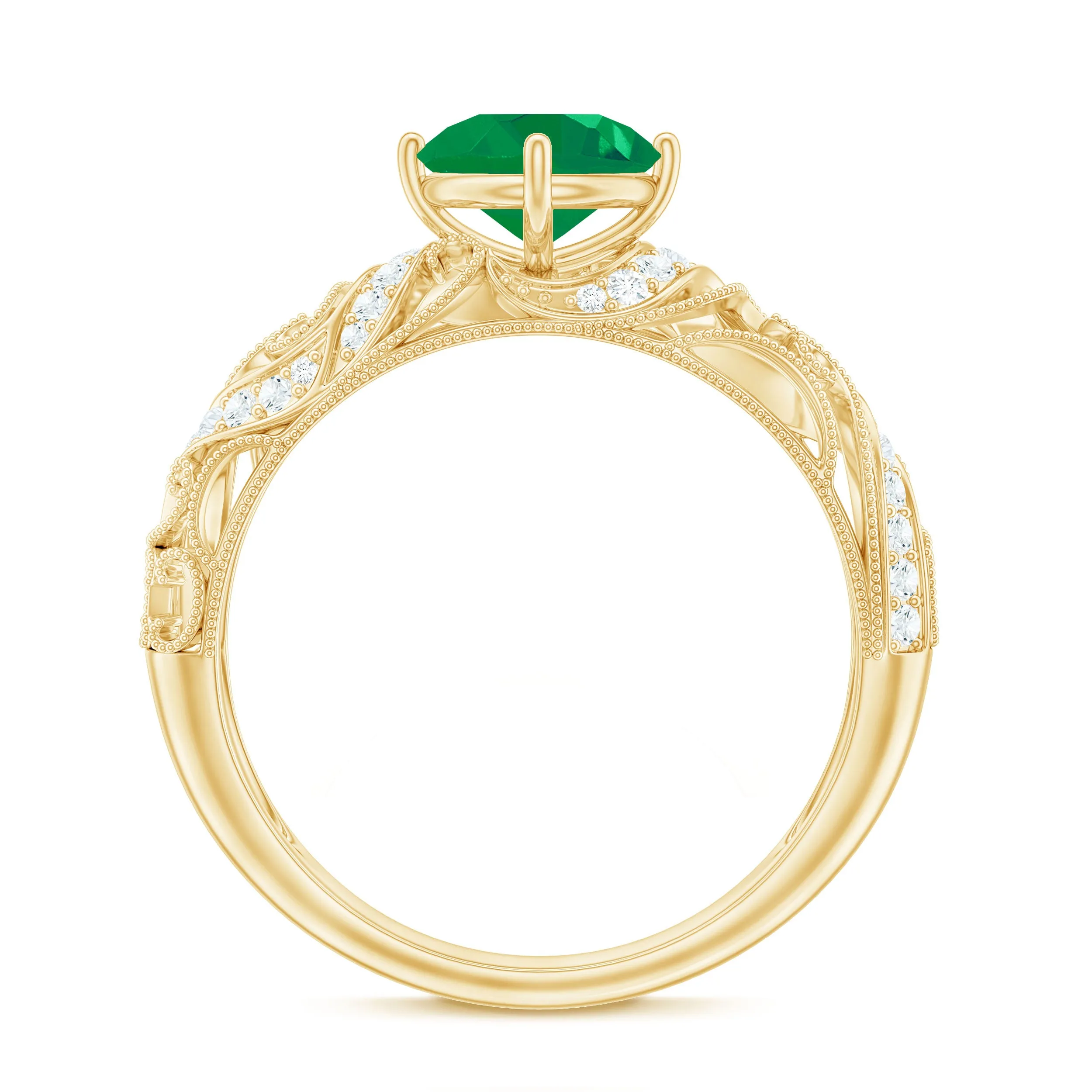 Round Emerald Vintage Inspired Engagement Ring with Diamond