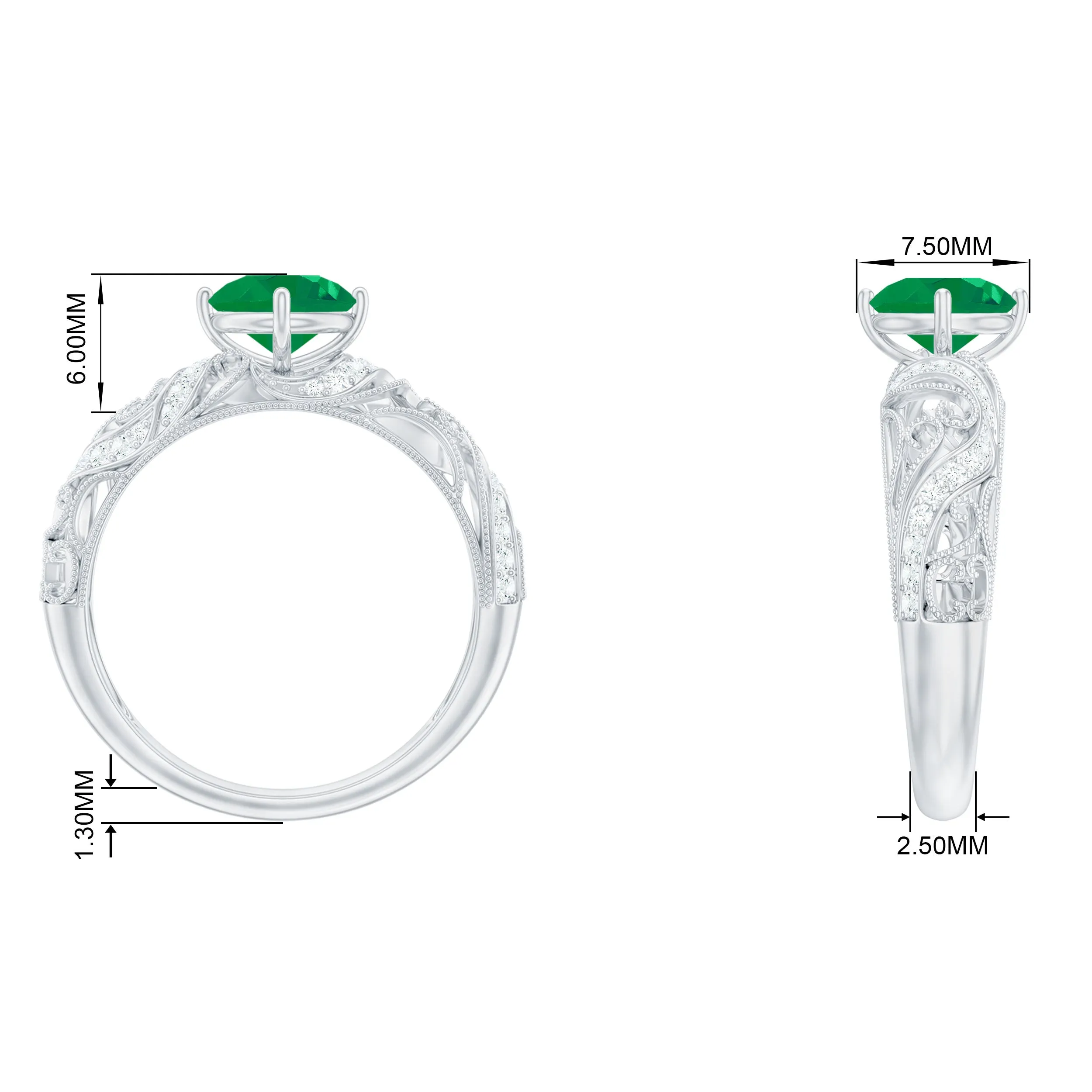 Round Emerald Vintage Inspired Engagement Ring with Diamond