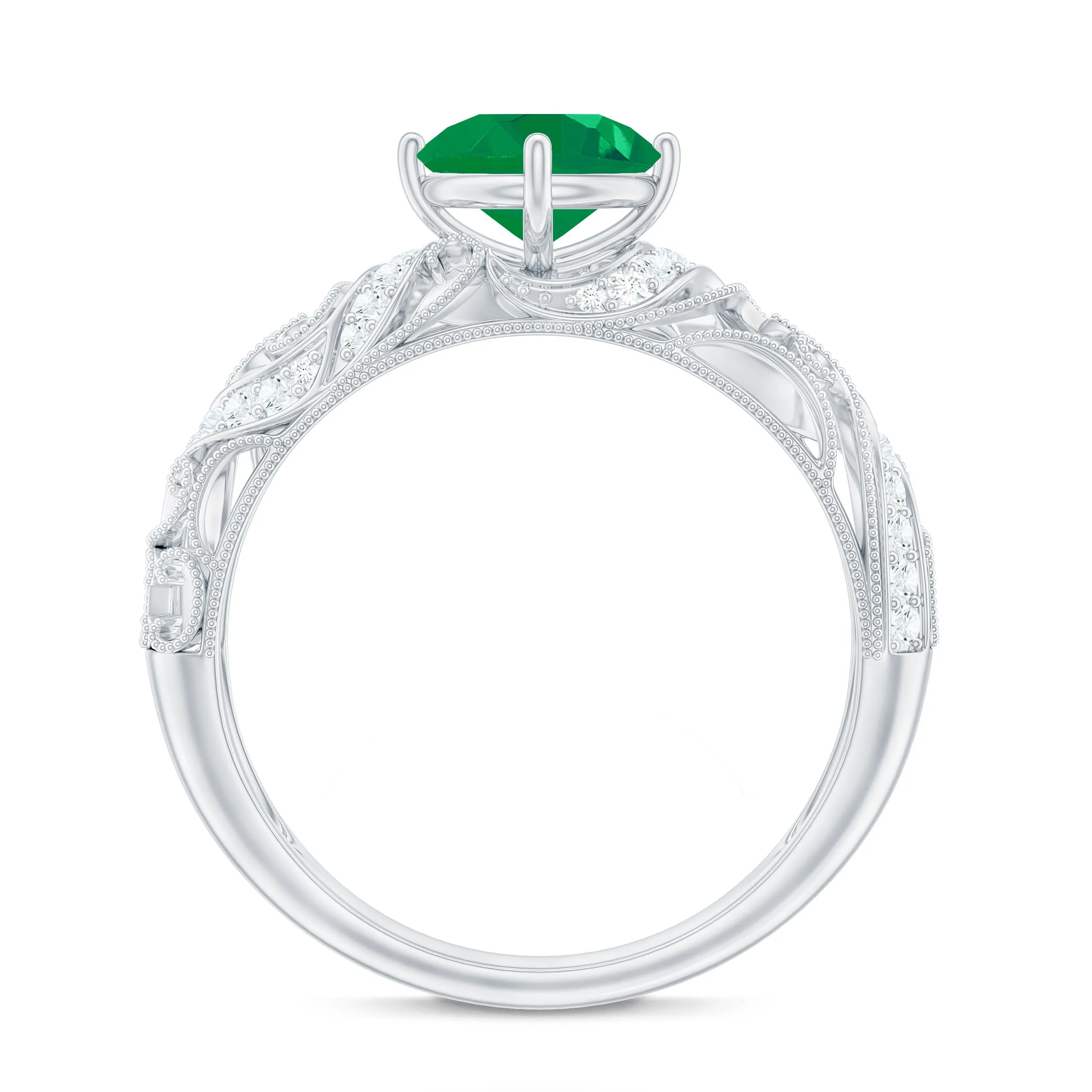 Round Emerald Vintage Inspired Engagement Ring with Diamond