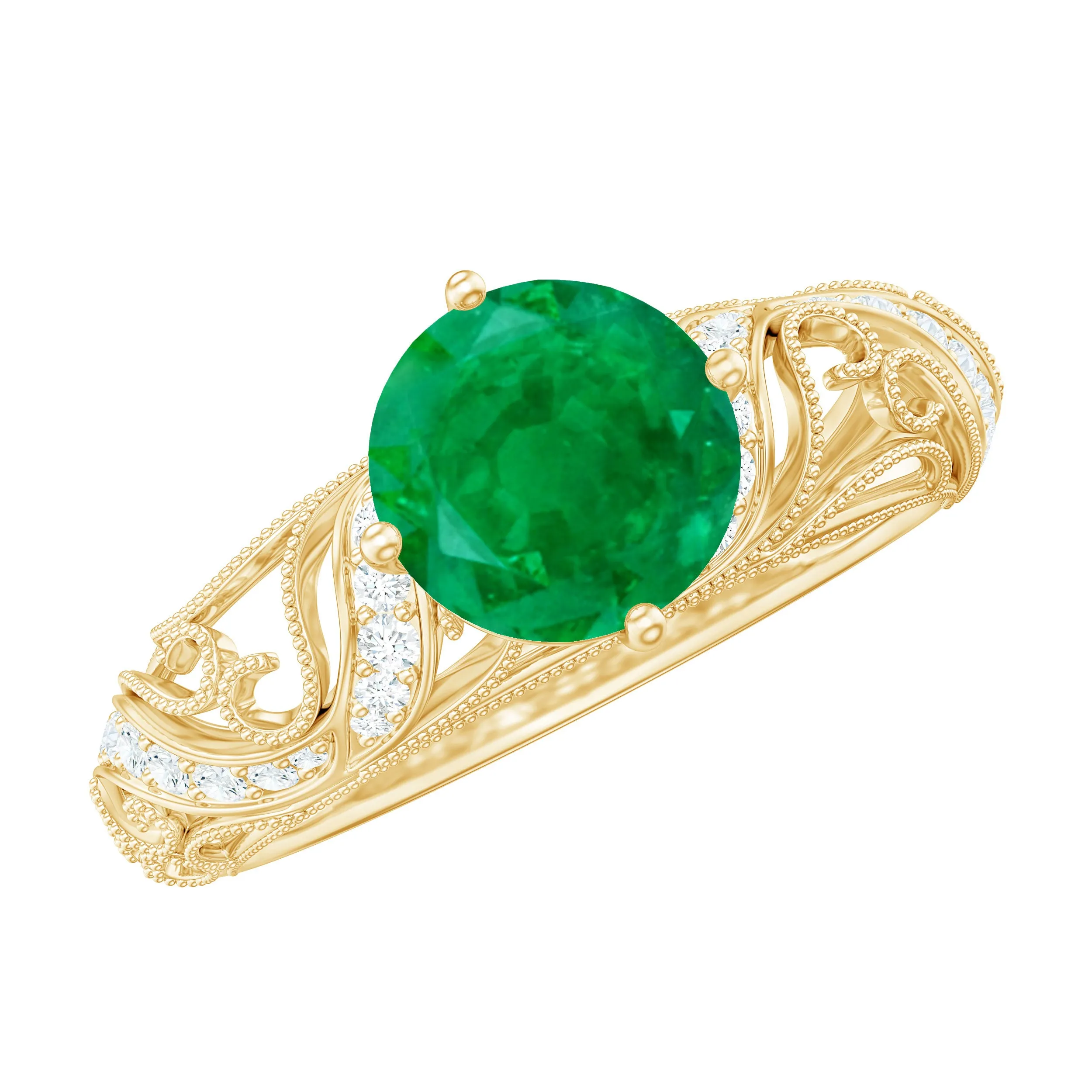 Round Emerald Vintage Inspired Engagement Ring with Diamond