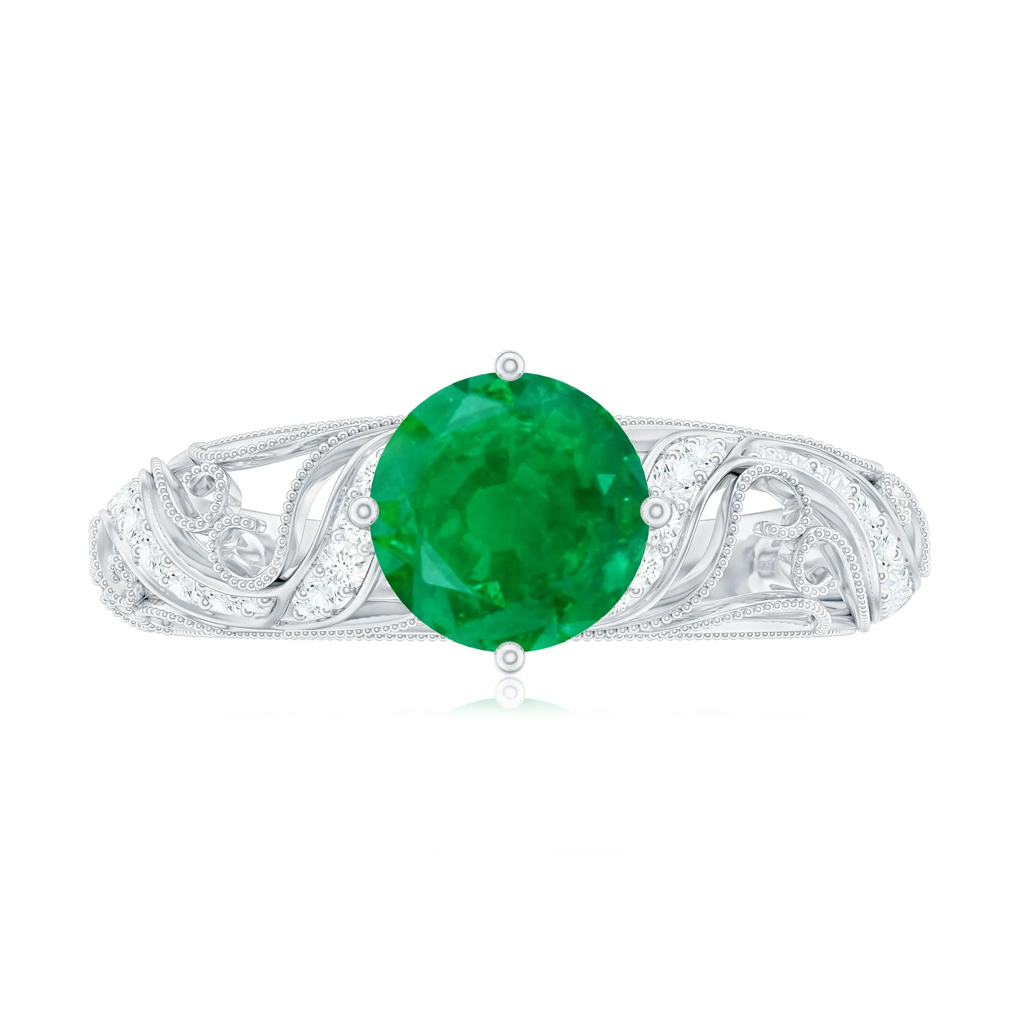 Round Emerald Vintage Inspired Engagement Ring with Diamond