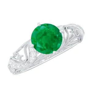 Round Emerald Vintage Inspired Engagement Ring with Diamond