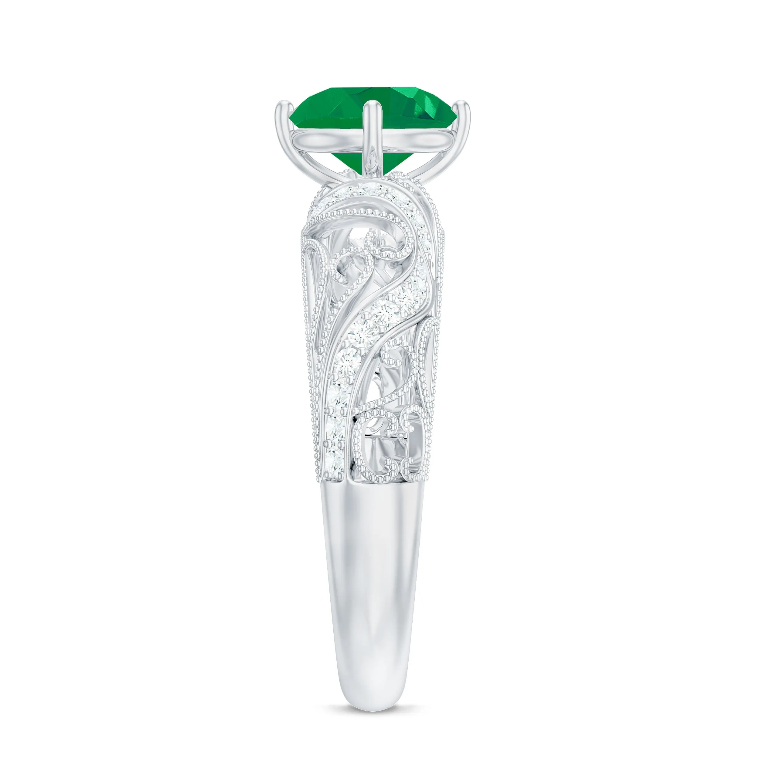 Round Emerald Vintage Inspired Engagement Ring with Diamond