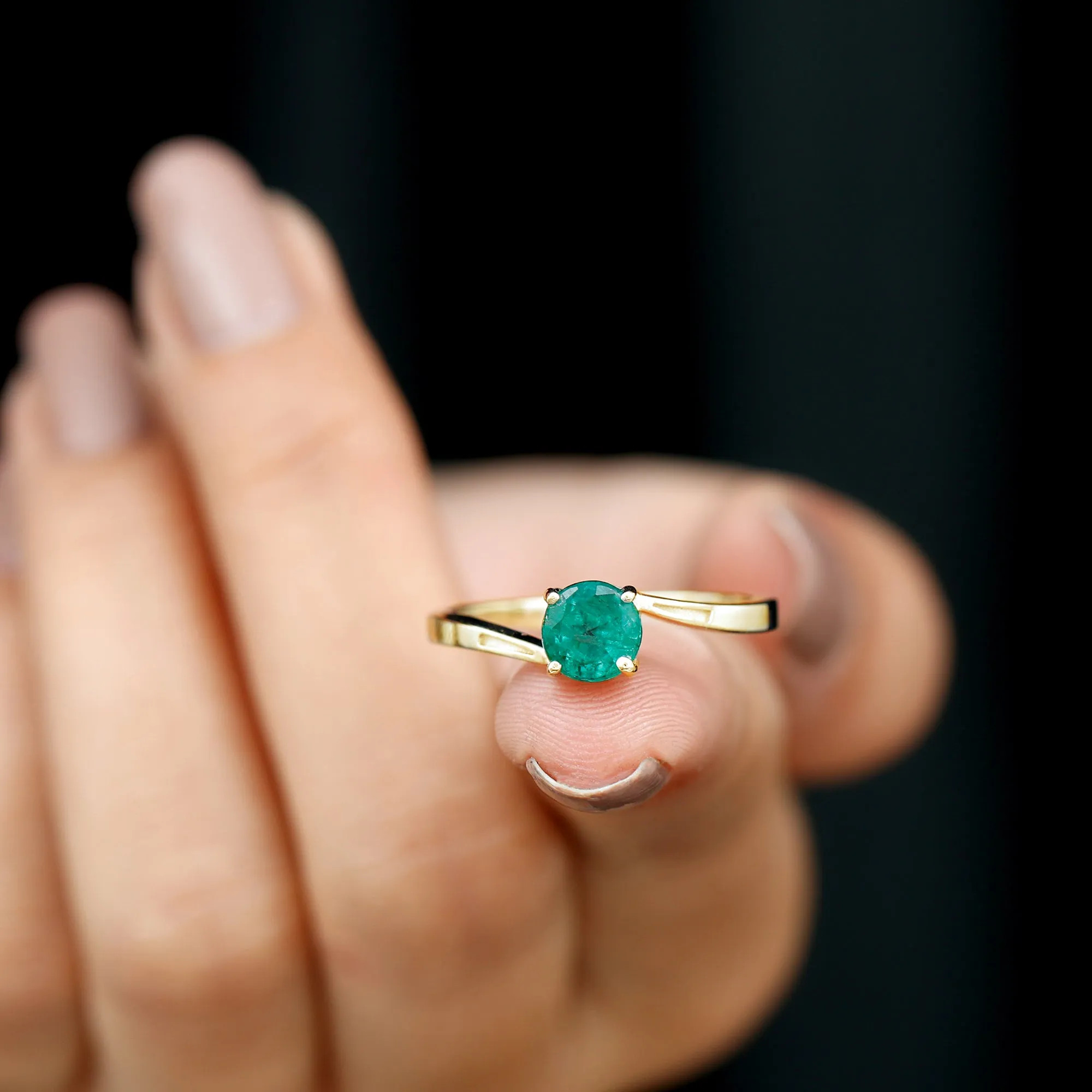 Round Natural Emerald Solitaire Bypass Ring
