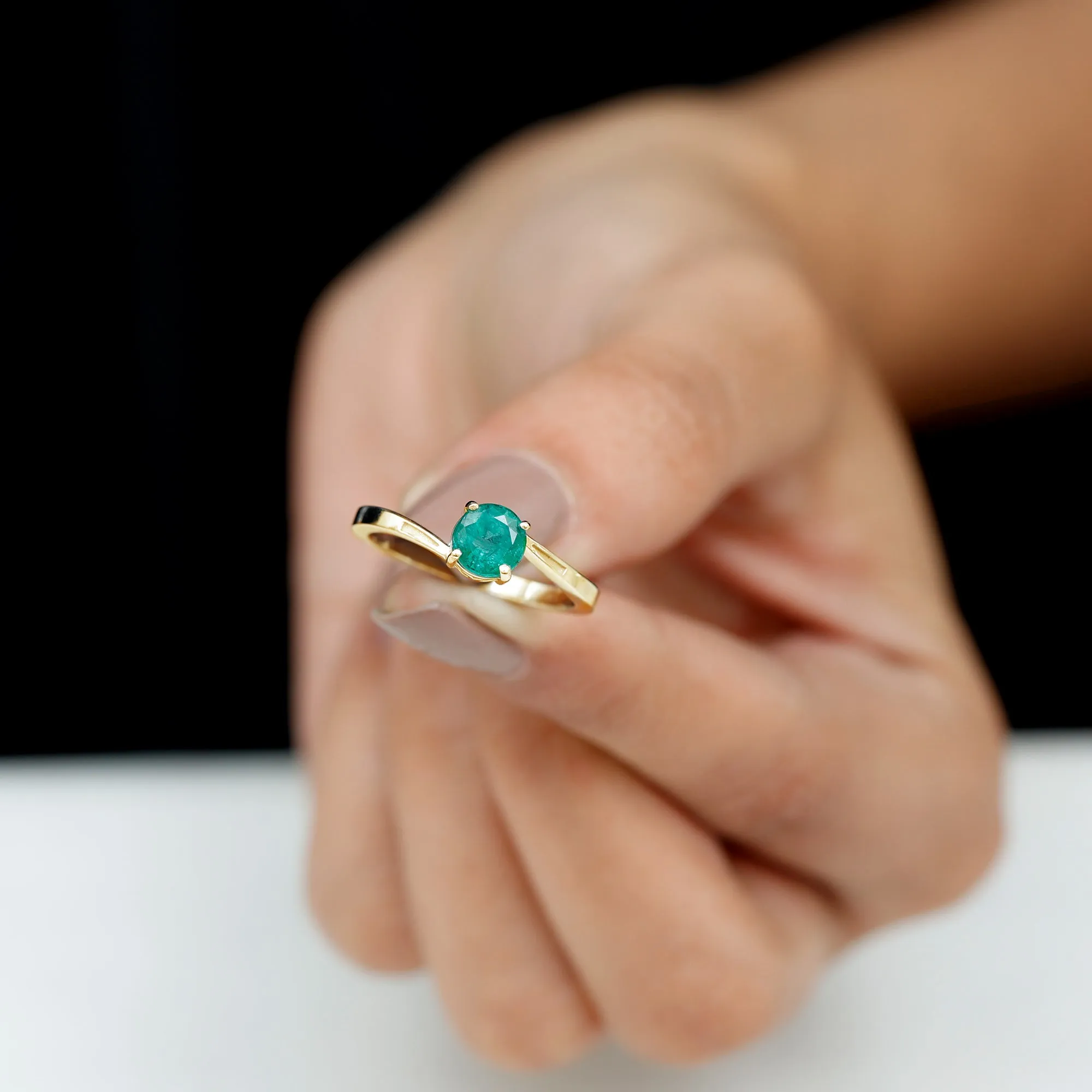 Round Natural Emerald Solitaire Bypass Ring