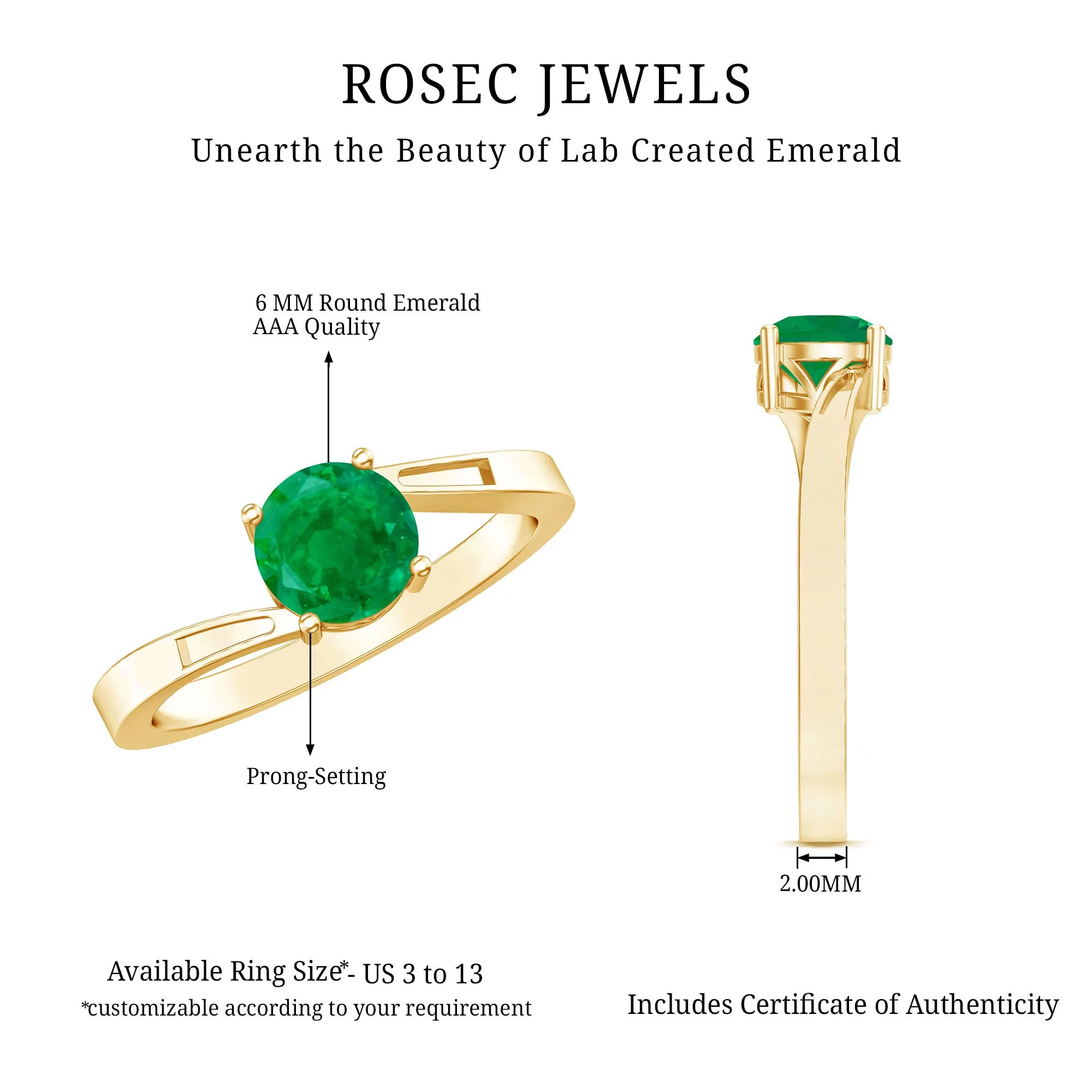 Round Natural Emerald Solitaire Bypass Ring
