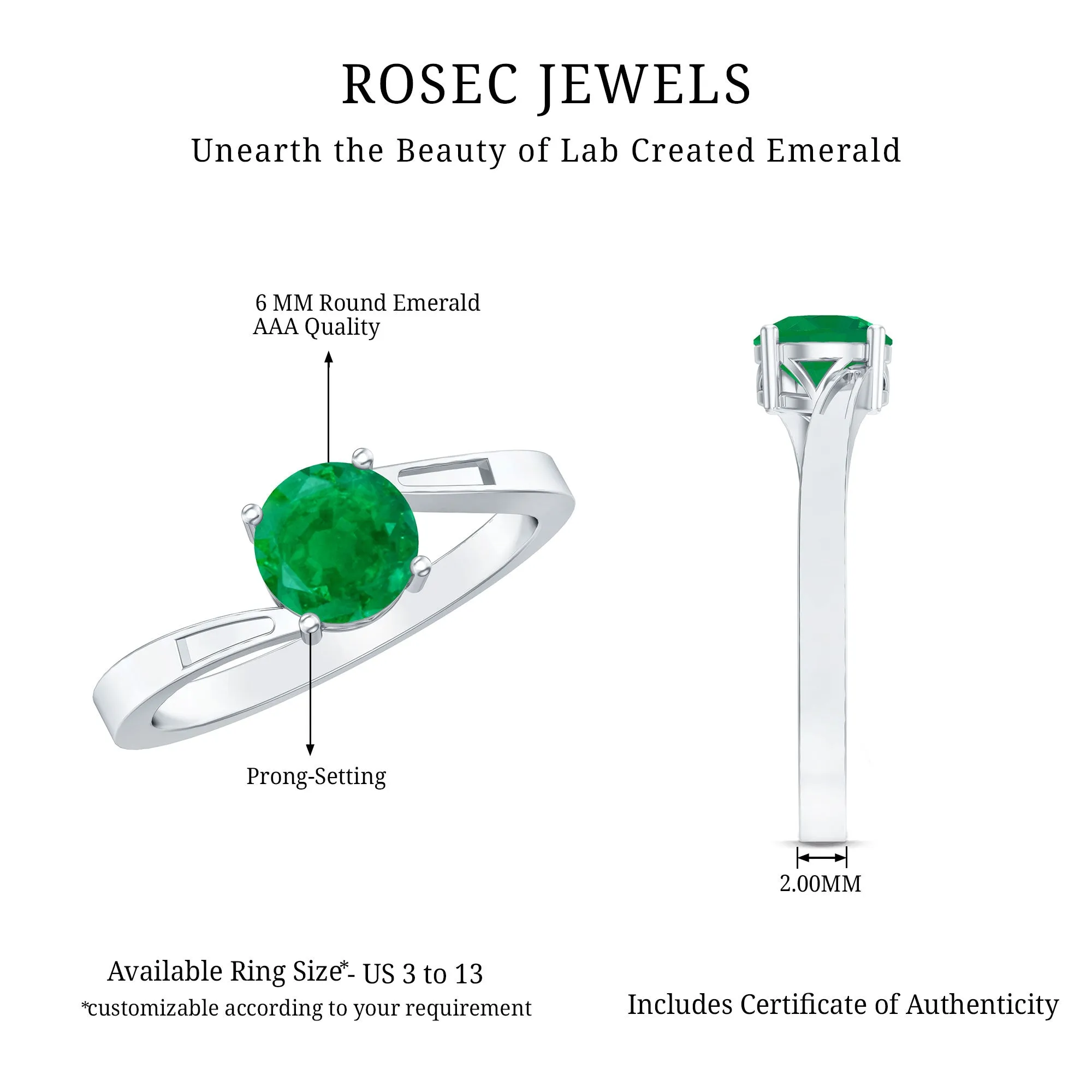 Round Natural Emerald Solitaire Bypass Ring