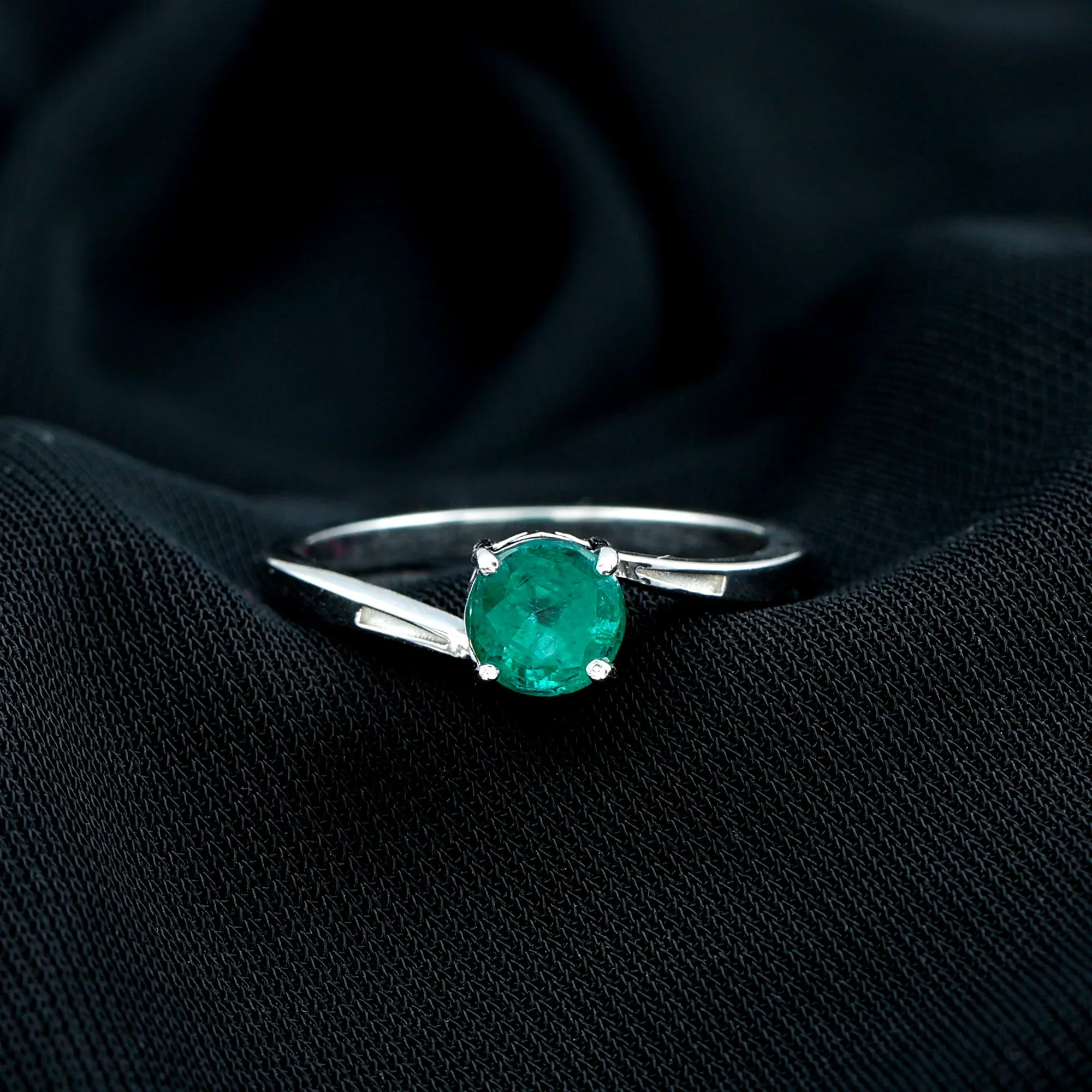 Round Natural Emerald Solitaire Bypass Ring