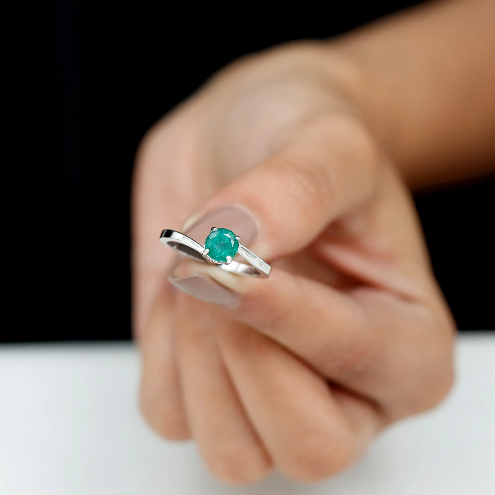 Round Natural Emerald Solitaire Bypass Ring