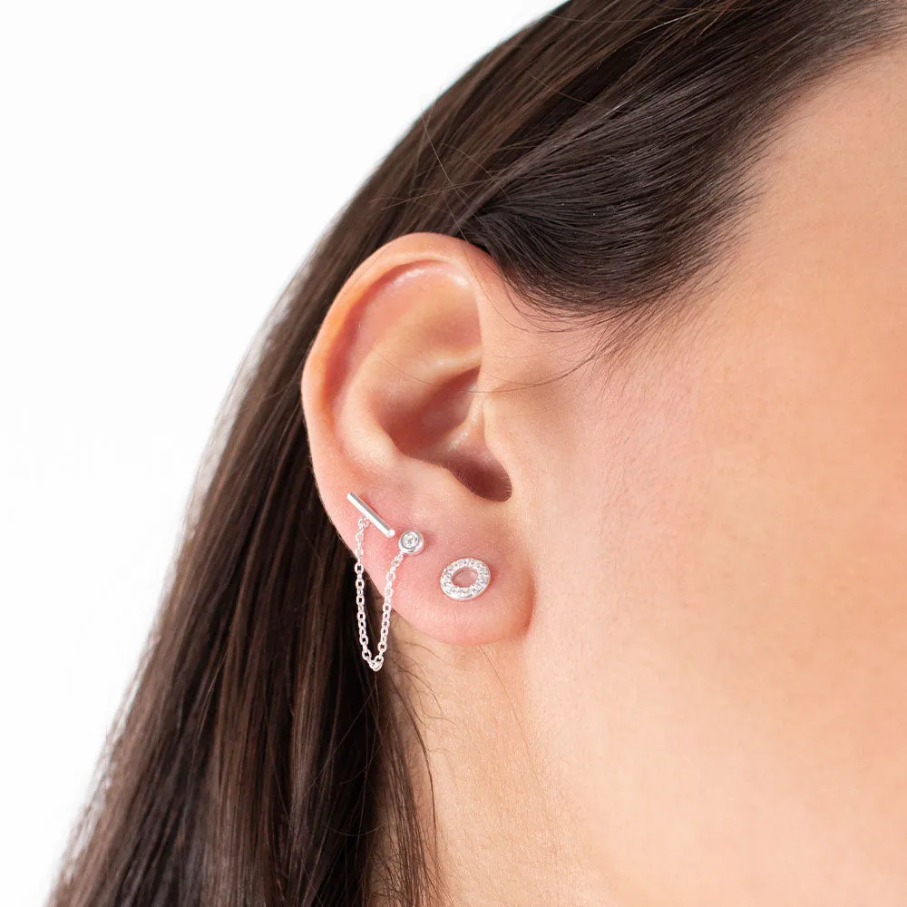 Round Silver CZ & Bar Double Studs