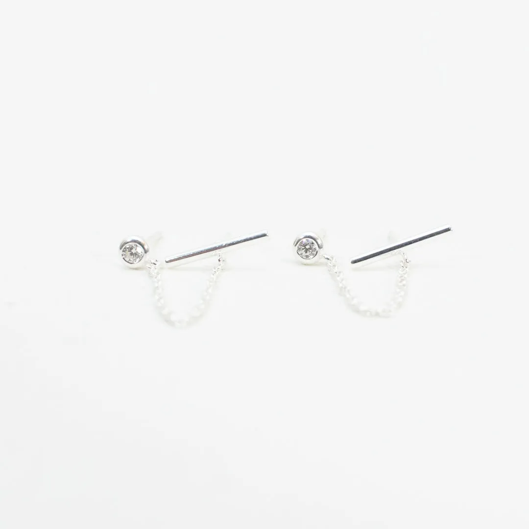 Round Silver CZ & Bar Double Studs