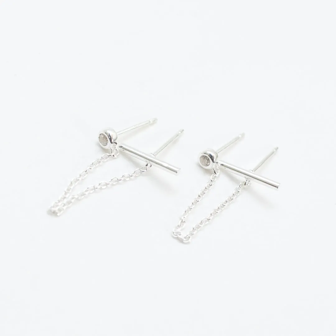 Round Silver CZ & Bar Double Studs