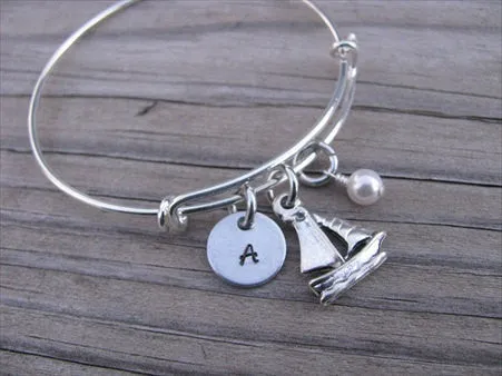 Sailboat Charm Bracelet- Adjustable Bangle Bracelet with an Initial Charm and an Accent Bead of your choice