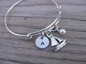 Sailboat Charm Bracelet- Adjustable Bangle Bracelet with an Initial Charm and an Accent Bead of your choice
