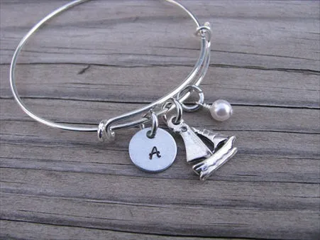 Sailboat Charm Bracelet- Adjustable Bangle Bracelet with an Initial Charm and an Accent Bead of your choice