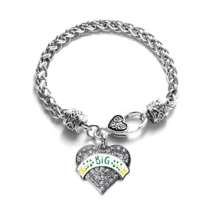 Silver Emerald Green and Canary Yellow Big Pave Heart Charm Braided Bracelet