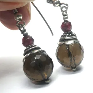 Smoky Quartz Earrings with Garnet, 925 Sterling Silver