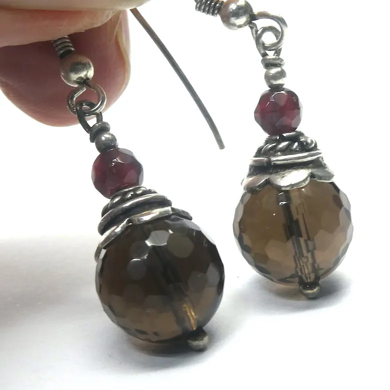 Smoky Quartz Earrings with Garnet, 925 Sterling Silver