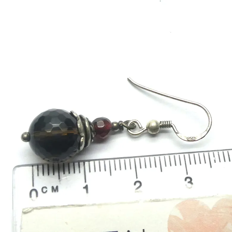Smoky Quartz Earrings with Garnet, 925 Sterling Silver