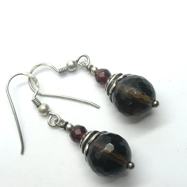 Smoky Quartz Earrings with Garnet, 925 Sterling Silver