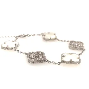 Sterling Silver Mother Of Pearl and CZ Five Clover Bracelet