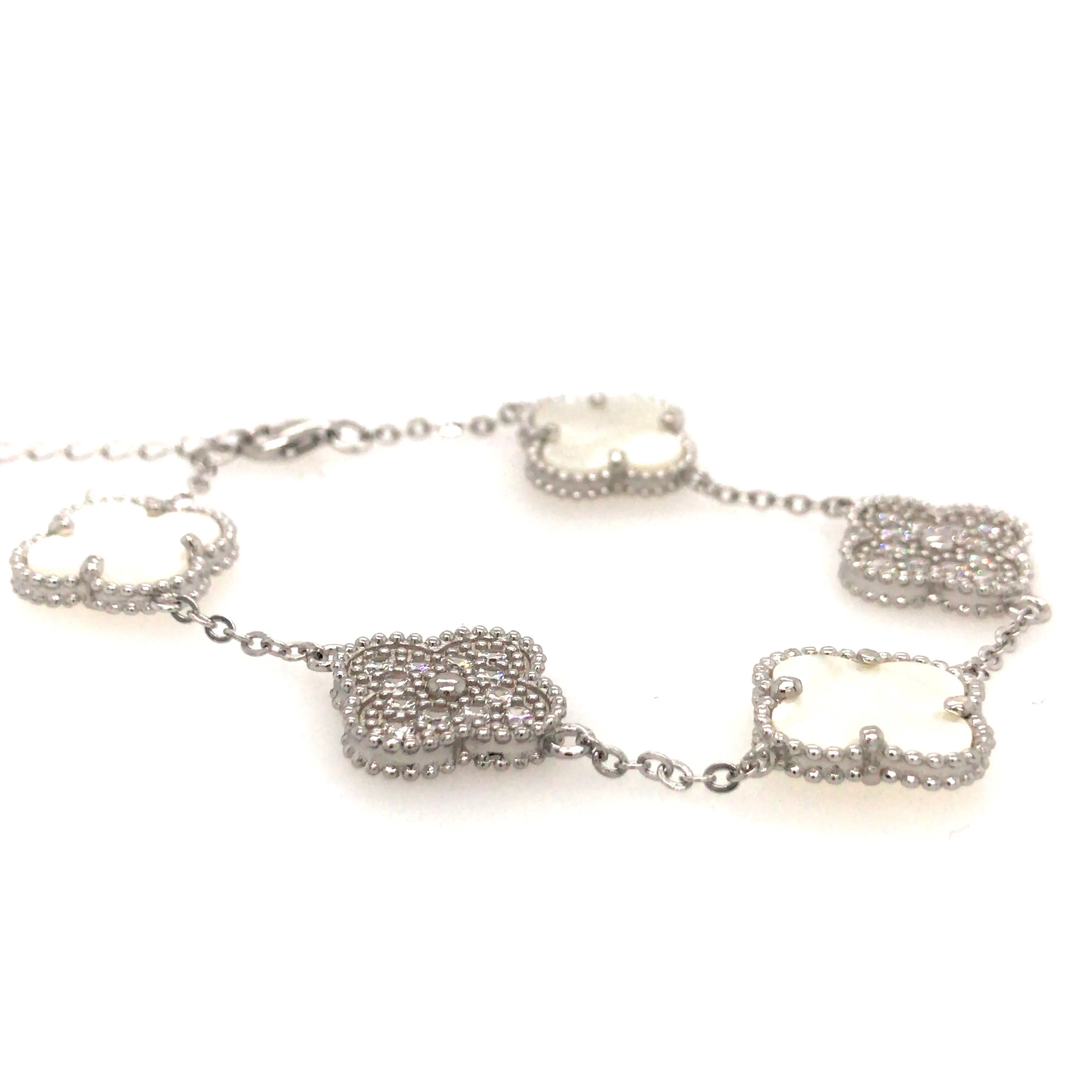 Sterling Silver Mother Of Pearl and CZ Five Clover Bracelet