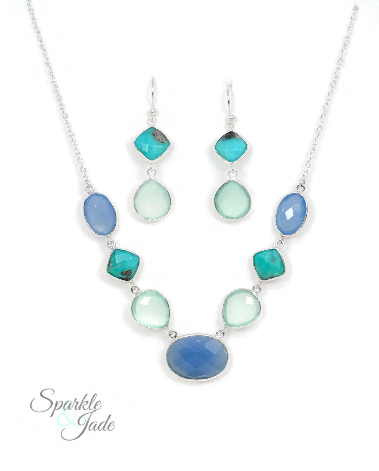 Sterling Silver Natural Turquoise and Chalcedony Necklace