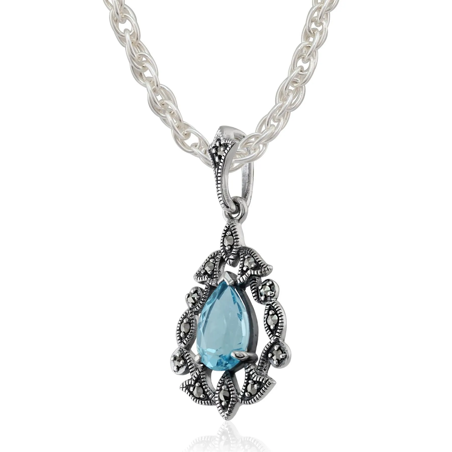 Sterlingsilber 1,42ct Topaz & 0,16 CT Markasit Viktorianischer Stil Anhänger auf 45cm Kette