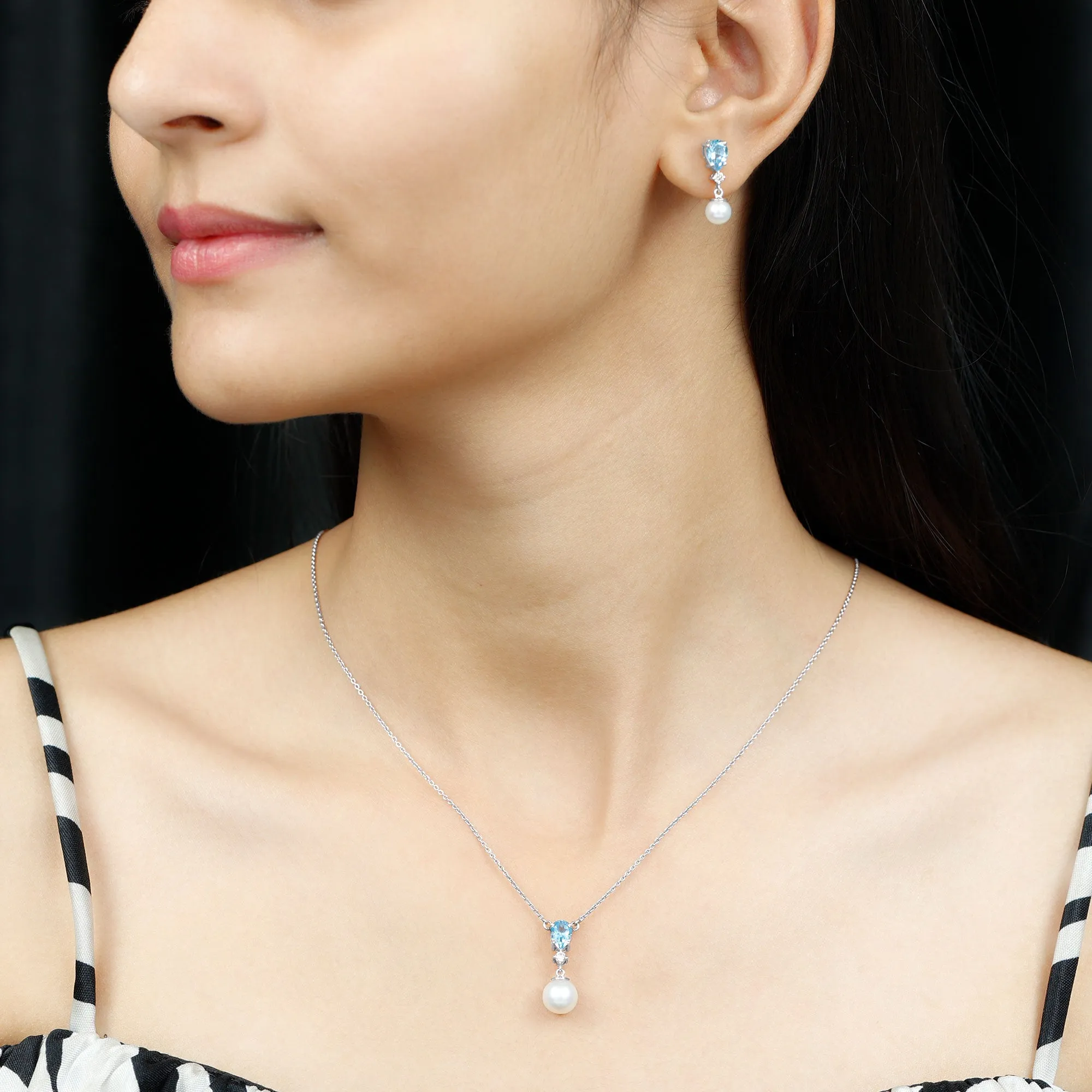 Swiss Blue Topaz and Diamond Jewelry Set with Freshwater Pearl Drop