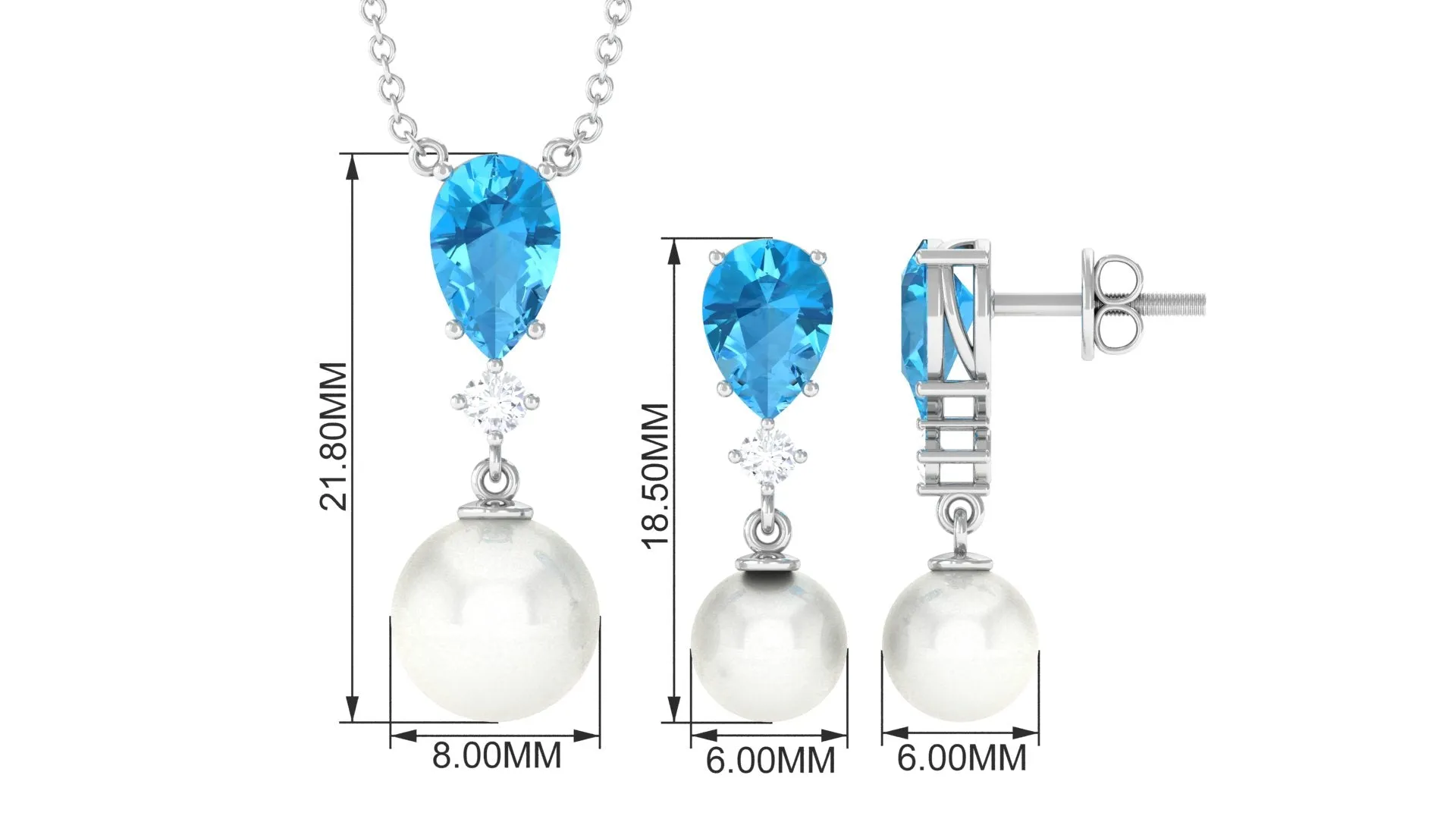 Swiss Blue Topaz and Diamond Jewelry Set with Freshwater Pearl Drop